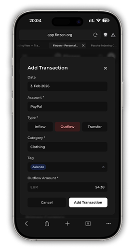 Finzen mobile app — manual transaction entry screen