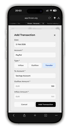 Finzen mobile app — manual transaction entry screen